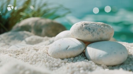 Tranquil White Stones on Sandy Beach by Clear Blue Water