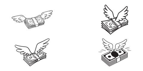 Dollar bill with wings doodle set. Flying money. Hand drawn vector illustration.