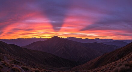 Naklejka premium Spectacular Sunset over Majestic Mountain Ranges A Breathtaking Panorama of Nature's Majesty