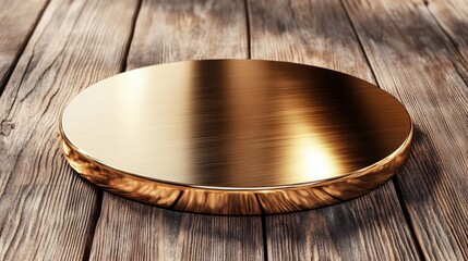 A beautifully crafted golden plate sits atop a rustic wooden table, reflecting light and showcasing its smooth texture, perfect for adding an elegant touch to any setting.