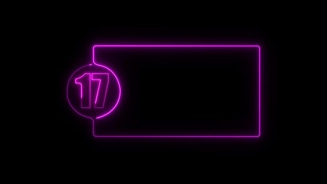 colorful glowing neon 17 text icon animation. Square rectangle picture frame with one tone neon color motion graphic on isolated black a background.	