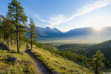 Scenic mountain trail with breathtaking view of a lush green valley beneath a clear blue sky and majestic peaks