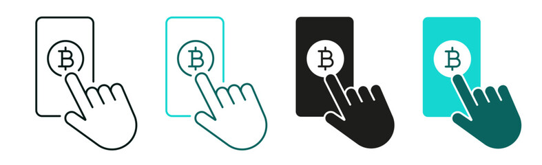 Hand holding mobile phone with Bitcoin line icon set. Cryptocurrency, market or digital money concept. Smartphone crypto trading application. Color or black logo for web or app. Editable vector stroke