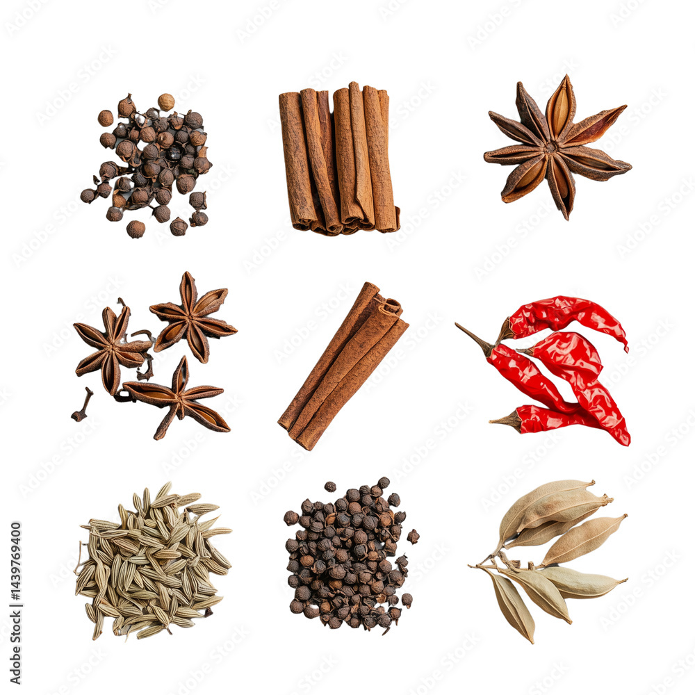 Poster collection of various spices arranged artistically isolated on white background and transparent back