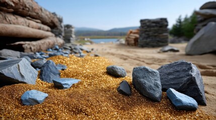 Scenic view of a sandy beach with golden glitter, black rocks, stone walls, and distant lake and mountains under blue sky