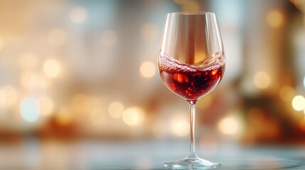 A stunning wine glass filled with rich red wine, beautifully capturing reflections and bubbles, set against a softly lit bokeh background to evoke warmth and sophistication.