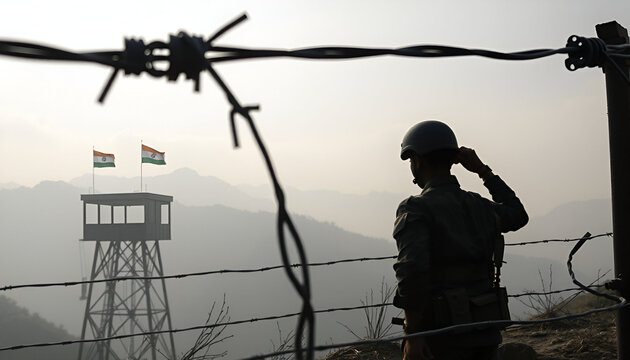 razor wire at the Kashmir LoC, with Indian and Pakistani flags on distant watchtowers. A soldier&rsquo;s silhouette scans no-man&rsquo;s land through binoculars. Misty mountains in the background, tension-filled 