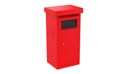 A modern red mailbox with a rectangular shape, featuring a small black display panel and a secure lockable door, isolated on a solid white background.