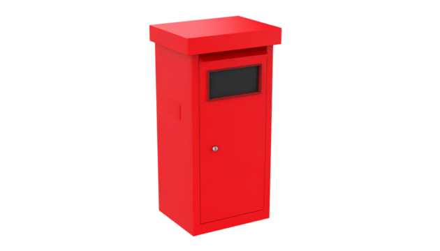 A modern red mailbox with a rectangular shape, featuring a small black display panel and a secure lockable door, isolated on a solid white background.