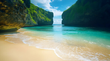 Fototapeta premium Hidden Tropical Beach Cove: Turquoise Waters and Lush Cliffs