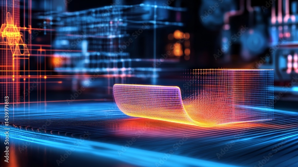 Poster suspended field displays intricate capacitance mapping in a futuristic lab environment