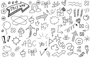 Big set of cartoon doodle hand drawn elements. Line icons. Crowns, hearts, stars, flowers, sparkles, arrows, lightnings, signs and other funny design elements іsolated on white background.