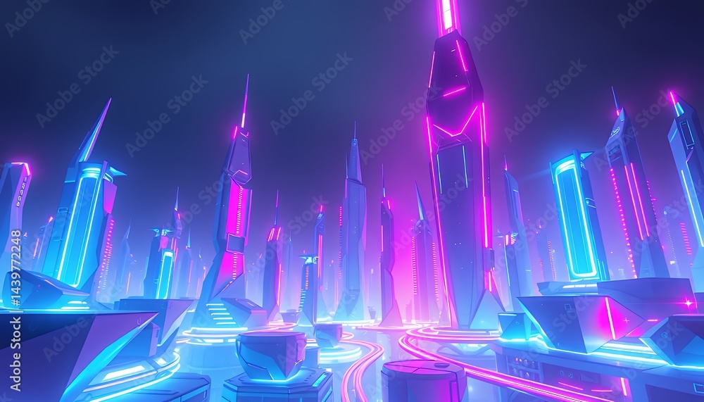 Poster vibrant neon cityscape 3d rendering with towering pixelated structures glowing in shades of blue and