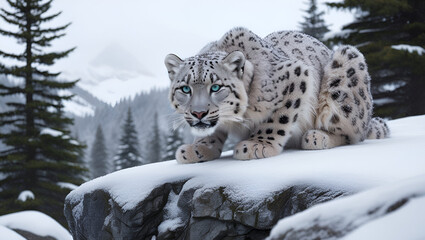 Obraz premium image of a rare snow leopard crouched on a snow-dusted rocky ledge in a mountainous forest. Its thick, spotted fur blends with the icy surroundings, and piercing blue-green eyes stare intently