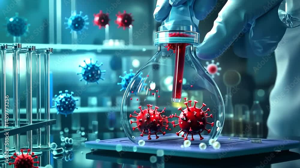 Poster exploring the intricacies of virus research in a modern laboratory setting with vibrant colors and i