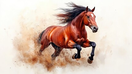 Fototapeta premium Watercolor painting of a galloping horse, its mane merging with a stormy sky on an absolutely white background.