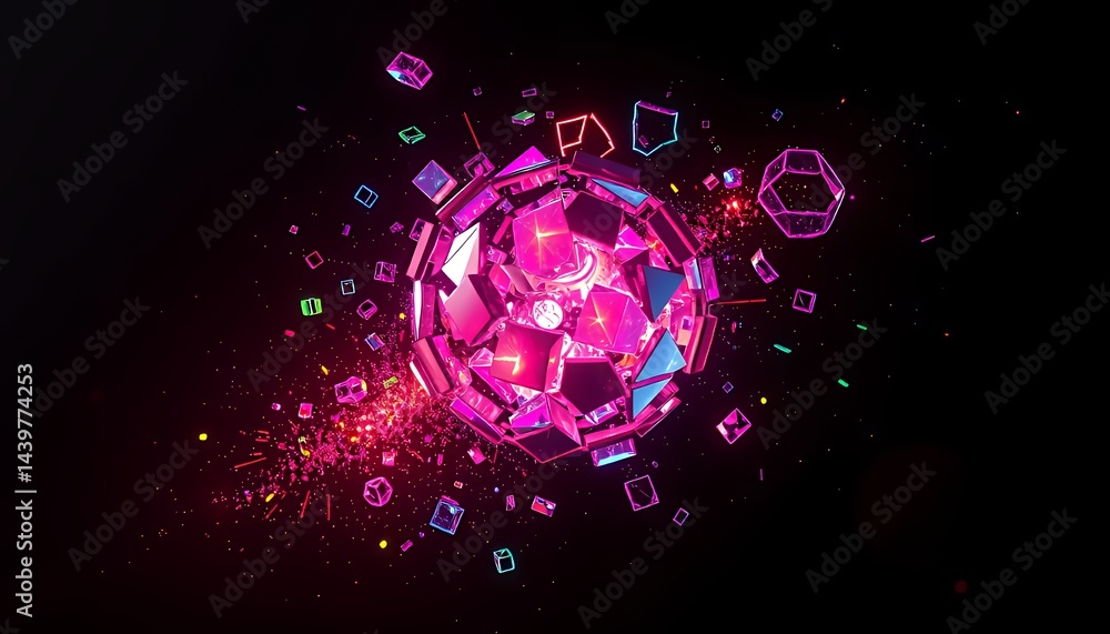 Poster vibrant neon sphere composed of geometric fragments displayed on a black backdrop with pink and blue