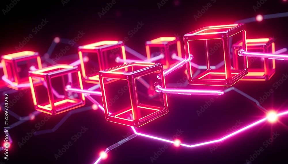 Poster vibrant neon pink interconnected cubes floating on dark background in a futuristic 3d network blockc