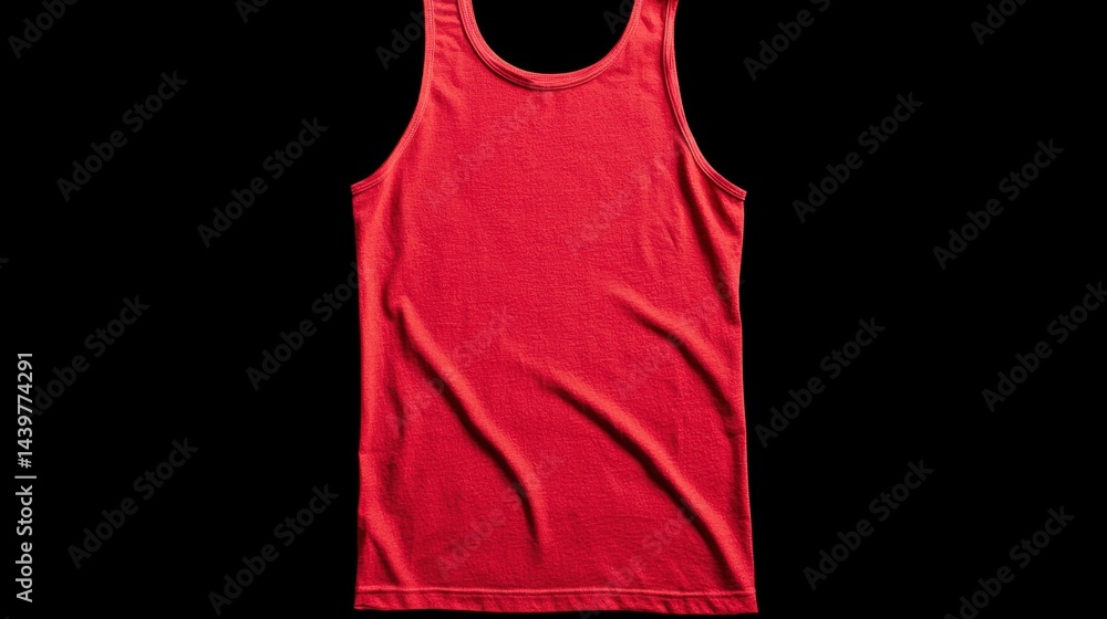 Poster bright red tank top displayed against a dark background highlighting its smooth texture and simple d