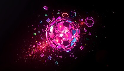 Vibrant Neon Sphere Composed of Geometric Fragments Displayed on a Black Backdrop with Pink and Blue Colors with Dynamic Fracturing and a Futuristic Glowing Effect