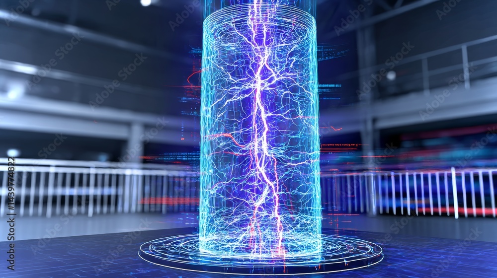 Poster visualizing atmospheric lightning formation through a holographic model in a science lab environment