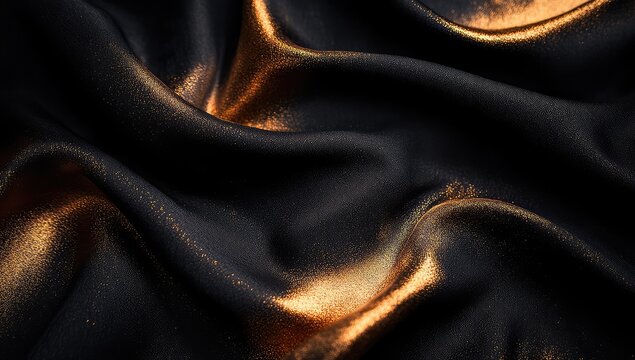 Luxurious black fabric with gold accents, draped in soft waves
