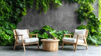 Fototapeta premium Cozy modern patio with wood seating set, two chairs and a small round table, green vines in background