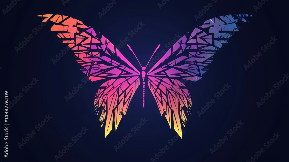 Poster colorful abstract butterfly design with geometric patterns on a dark background