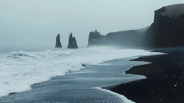 Majestic Icelandic Coast: Black Sand Beach and Dramatic Cliffs
