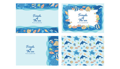 かわいい海の生き物　横背景セット　A4サイズ