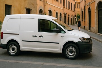 White delivery van mockup on cobblestone street, rear side front view