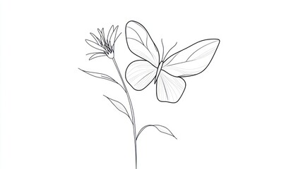 Butterfly on flower, line art, nature
