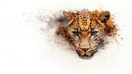 Watercolor painting of a leopard staring intensely, blending into a lush jungle scene on an absolutely white background.