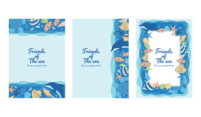 かわいい海の生き物　縦背景セット　A4サイズ