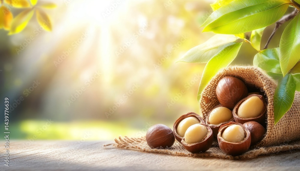 Poster macadamia nuts spilling from burlap sack on ranch with bright sun, horizontal image with copy space