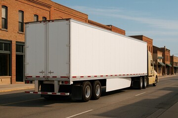 White truck trailer mockup on city street, rear view