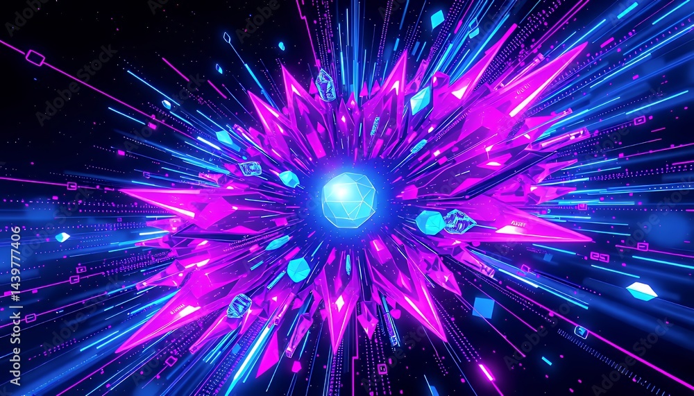 Poster abstract neon geometric illustration with spiky shapes in pink and blue on a dark background featuri