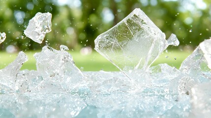 Shattered Clear Glass Chunks in Motion with Green Background
