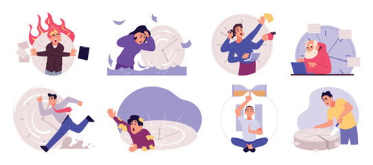 Bad time managements. Multitasking problems frustrated business characters filing works exact vector concept set in cartoon style