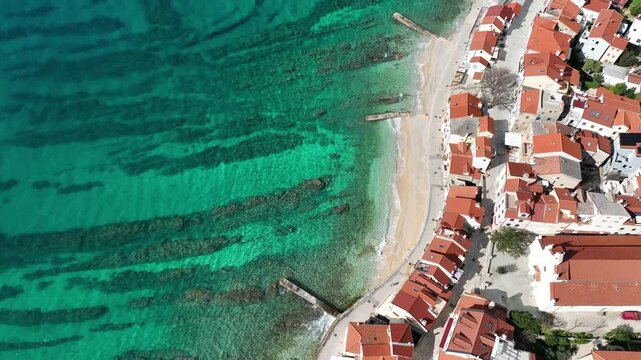 footage of Croatia, Krk island, Vrbnik. Aerial view of a village on the east coast of the island of Krk. Adriatic Sea