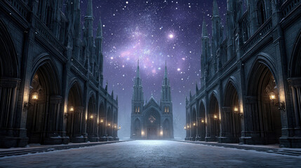 Gothic cathedral enveloped in swirling snow crystals under a violet stormy sky