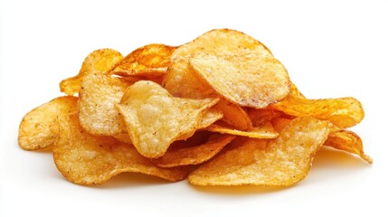 Crispy potato chips stacked in a casual arrangement on a plain background for a snack or party platter