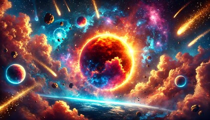 Vivid Fiery Planet with Mystical Cosmic Scene - Generative AI