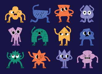 Geometric faces. Abstract characters with different emotions recent vector geometric shapes with eyes