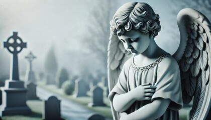 Sad Angel Memorial Statue with Caption Space - Generative AI