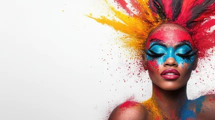 Watercolor painting of a masked carnival dancer in vibrant festival colors on an absolutely white background.