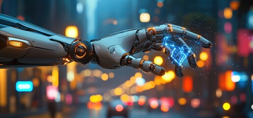 Robotic hand interacts with digital data in a futuristic city