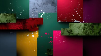 Abstract Colorblocked Background with Paint Splashes and Textured Surfaces in Multiple Colors