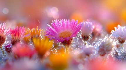 Colorful Flowers Blooming with Water Droplets in Bright Sunlight