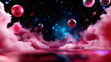 This captivating fantasy image presents a scene filled with colorful planets and clouds against a starry background, inspiring awe and wonder in the imagination of the viewer.